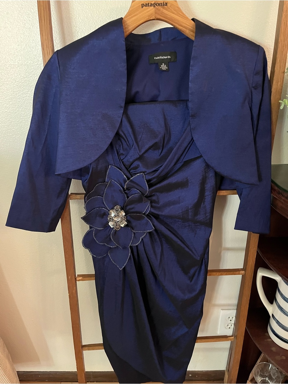 R&M Richards Navy Floral Applique Midi Dress with Bolero